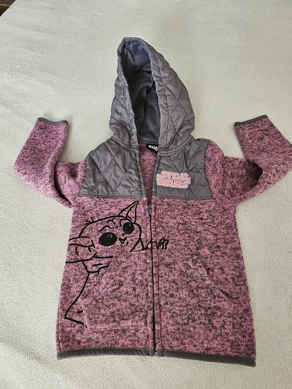 Star Wars Kids Pink and Gray Quilted Hooded Zip-Up Jacket